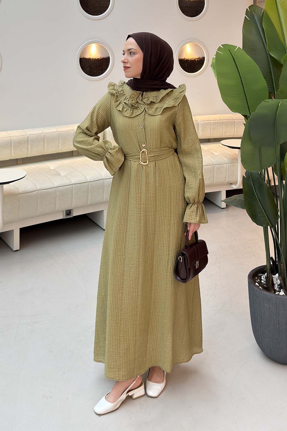 Khaki Loose Crew Neck Ayrobin Unprinted Dresess