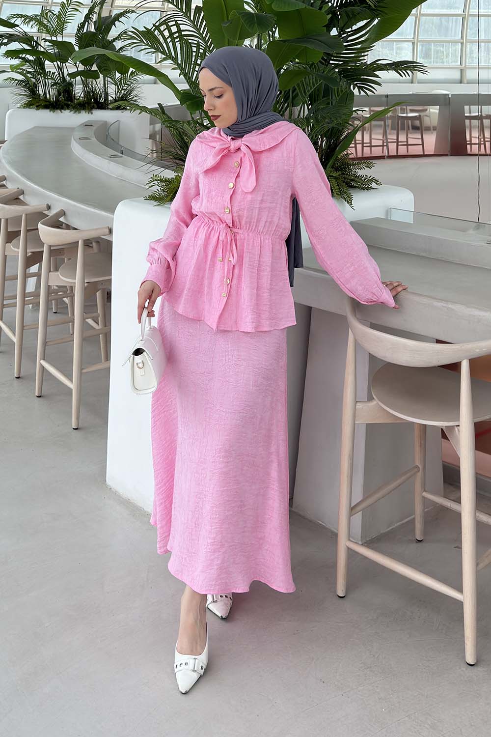 Lamelif Gold Düğmeli Fular Detaylı Etekli Takım Pembe