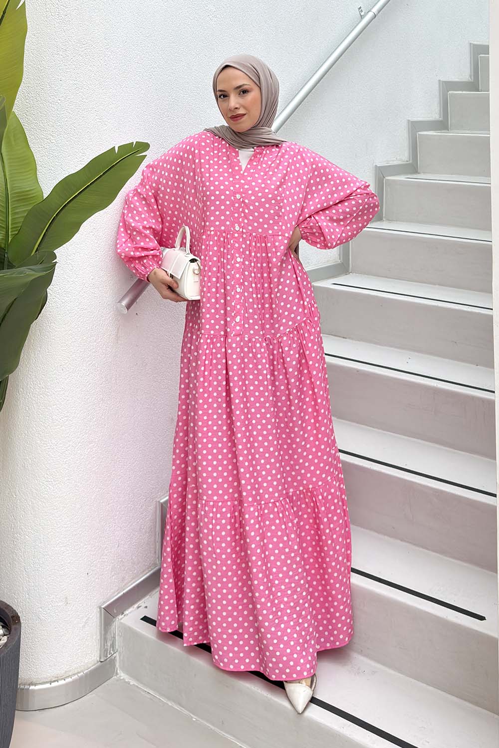 Pink Mandarin Collar Cotton Dresess