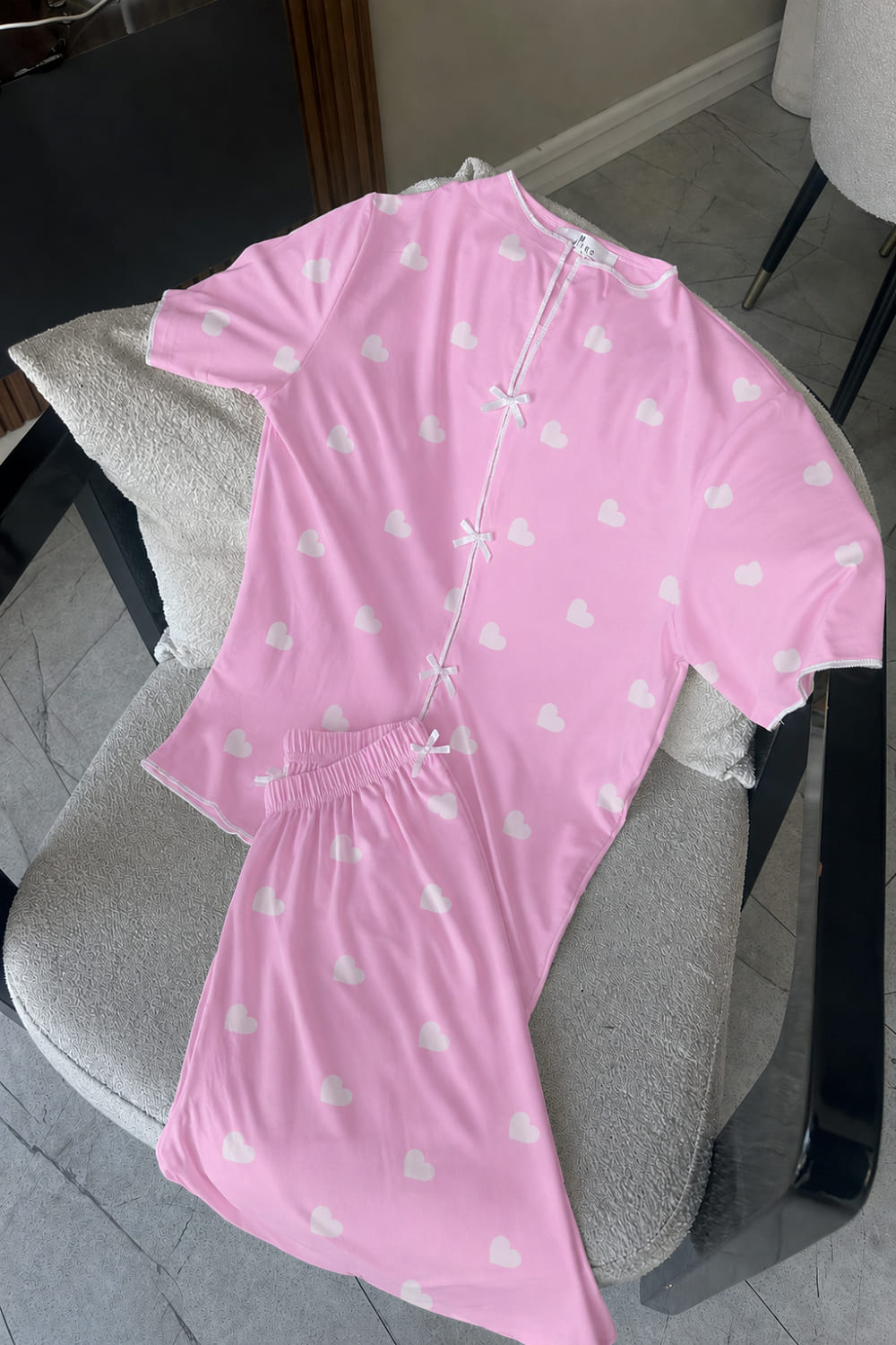 Lamelif Kadın Kalp Desenli Fiyonk Özel Dikiş Pijama Takımı