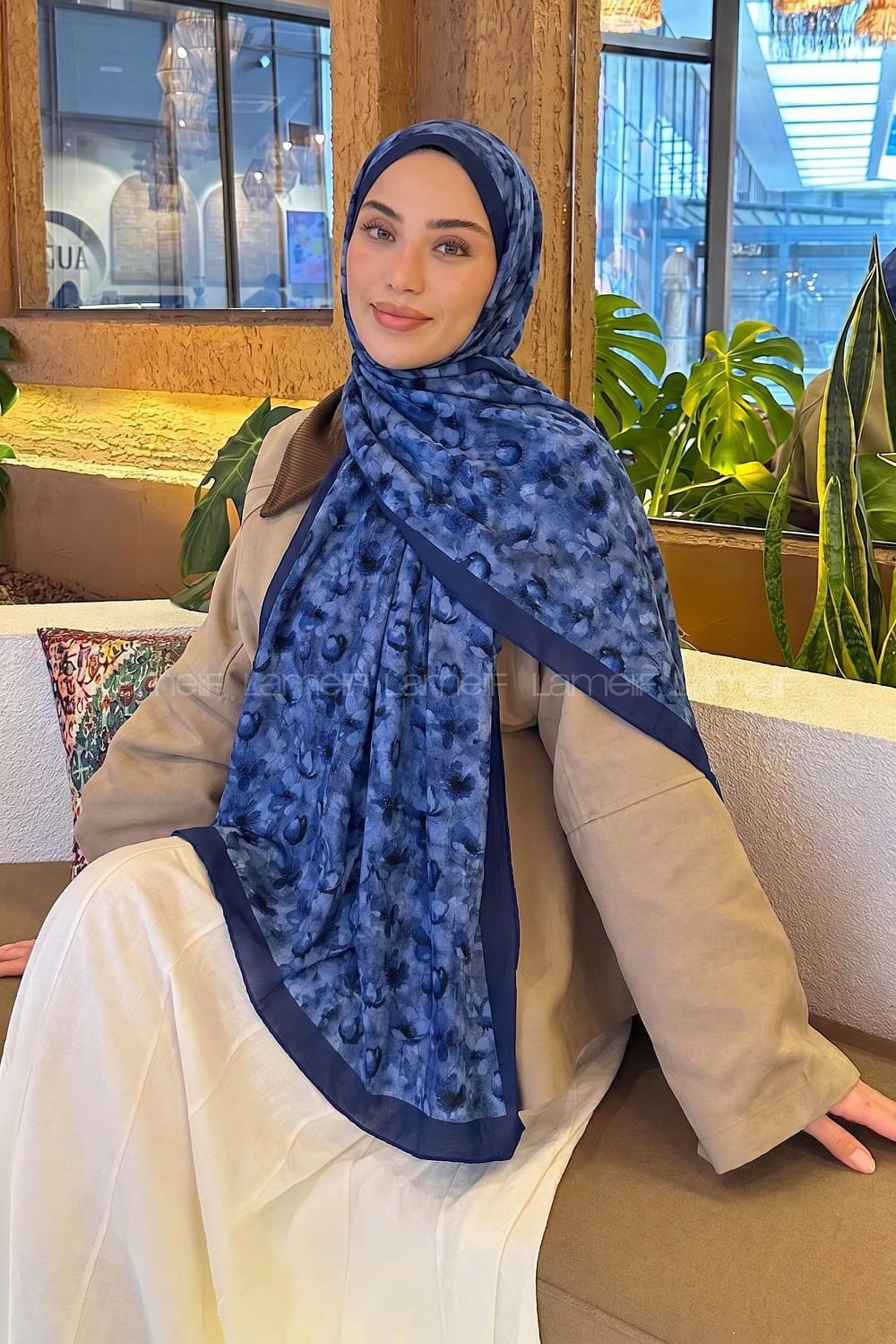 Lamelif Çiçek Desen Lara Soft Şal Gece Mavisi