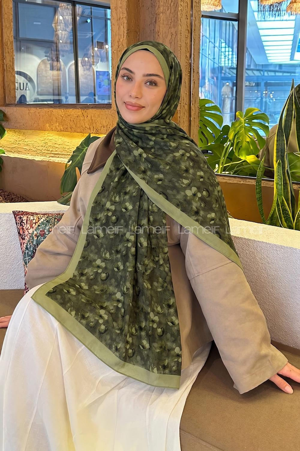 Lamelif Çiçek Desen Lara Soft Şal Haki
