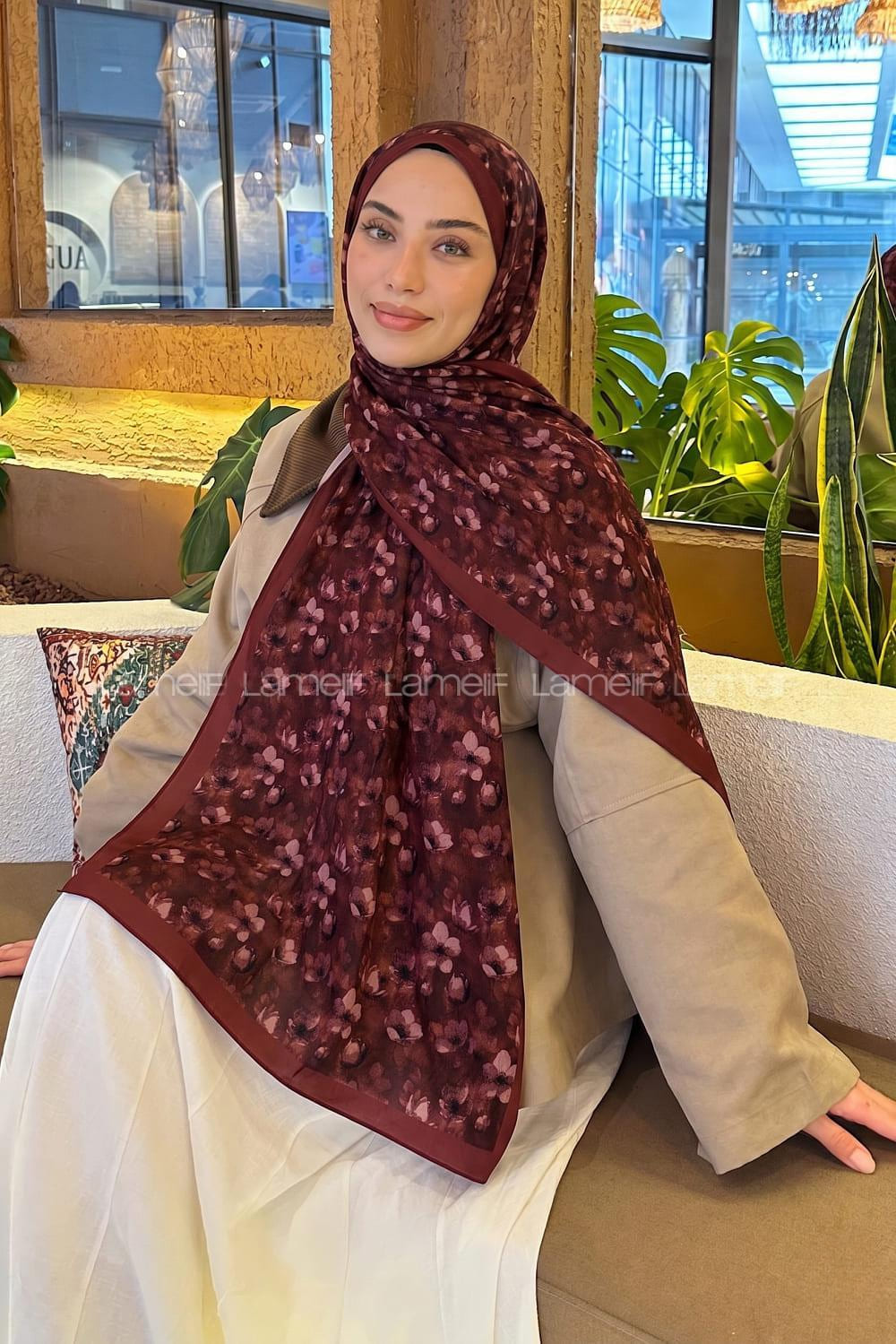 Lamelif Çiçek Desen Lara Soft Şal Kiremit