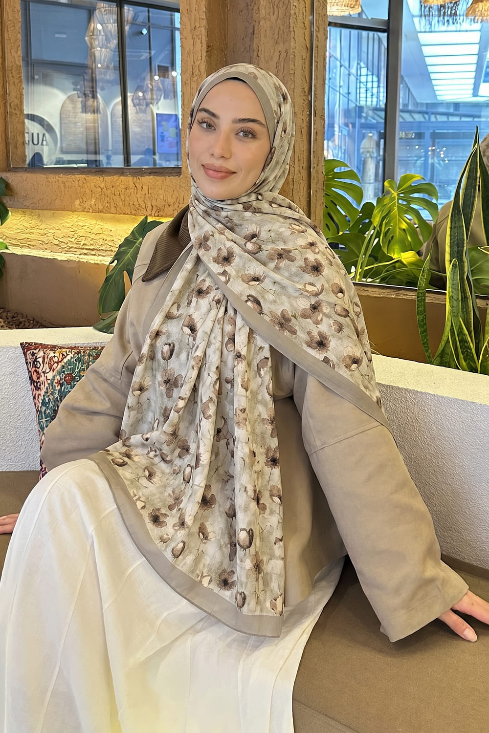 Lamelif Çiçek Desen Lara Soft Şal Mint Yeşili