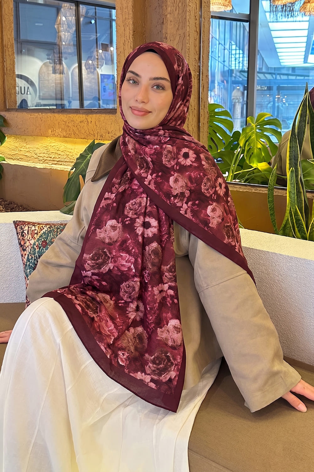 Lamelif Gül Çiçek Desen Lara Soft Şal Bordo