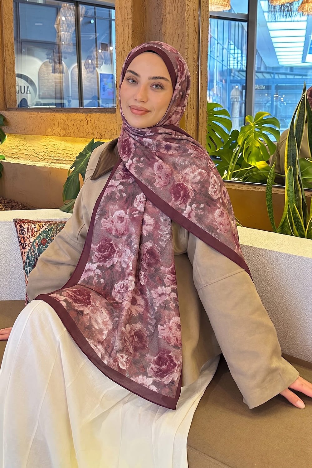 Lamelif Gül Çiçek Desen Lara Soft Şal Eflatun
