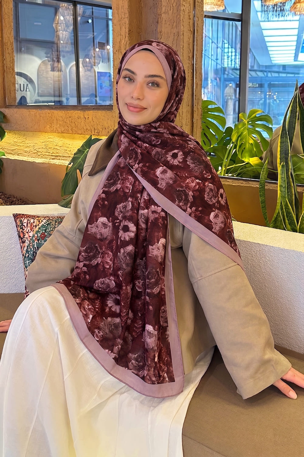 Lamelif Gül Çiçek Desen Lara Soft Şal Koyu Bordo