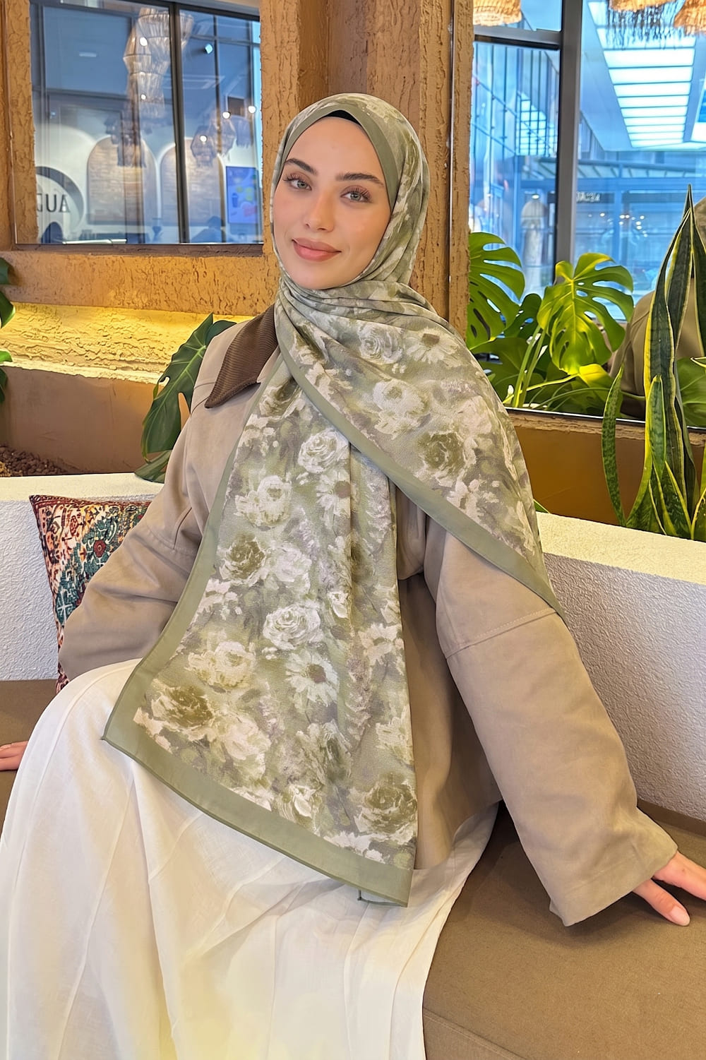 Lamelif Gül Çiçek Desen Lara Soft Şal Mint Yeşili