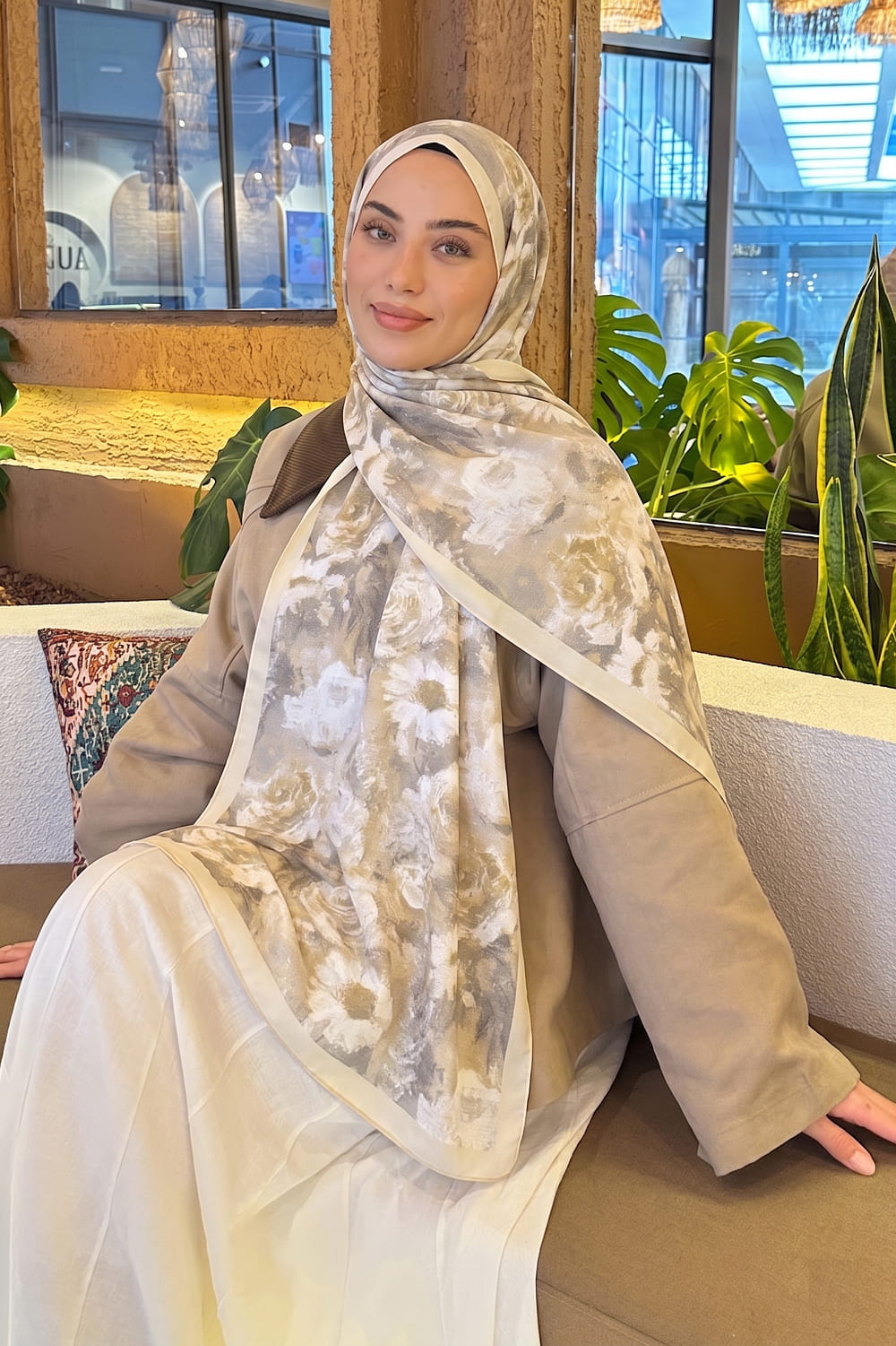 Lamelif Gül Çiçek Desen Lara Soft Şal Taş Sarı