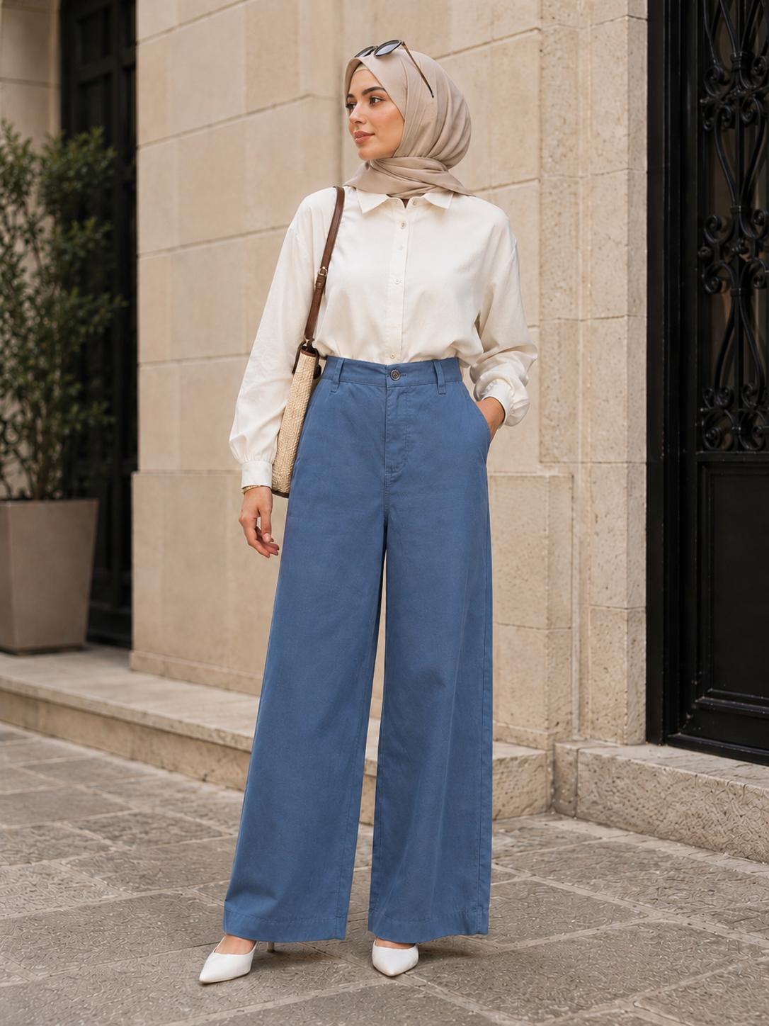 Blue Linen High Waist Comfortable Pants