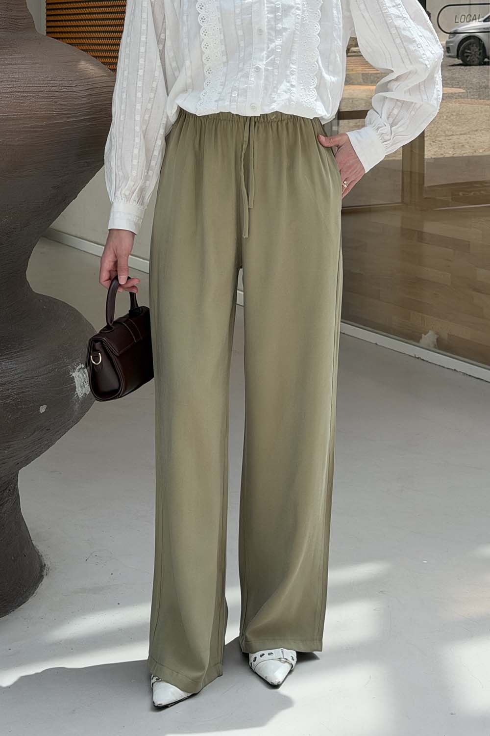 Plum Green Tensel Elastic Waist Comfortable Pants