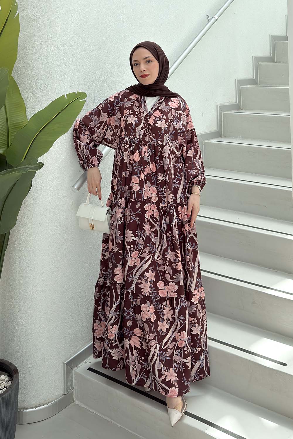 Lamelif Katleya Çiçek Desenli Elbise Acı Kahve