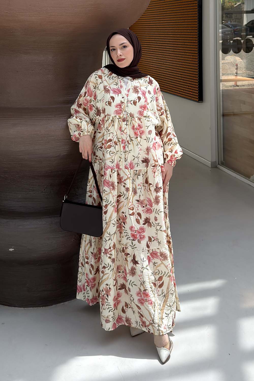 Cream Mandarin Collar Cotton Dresess