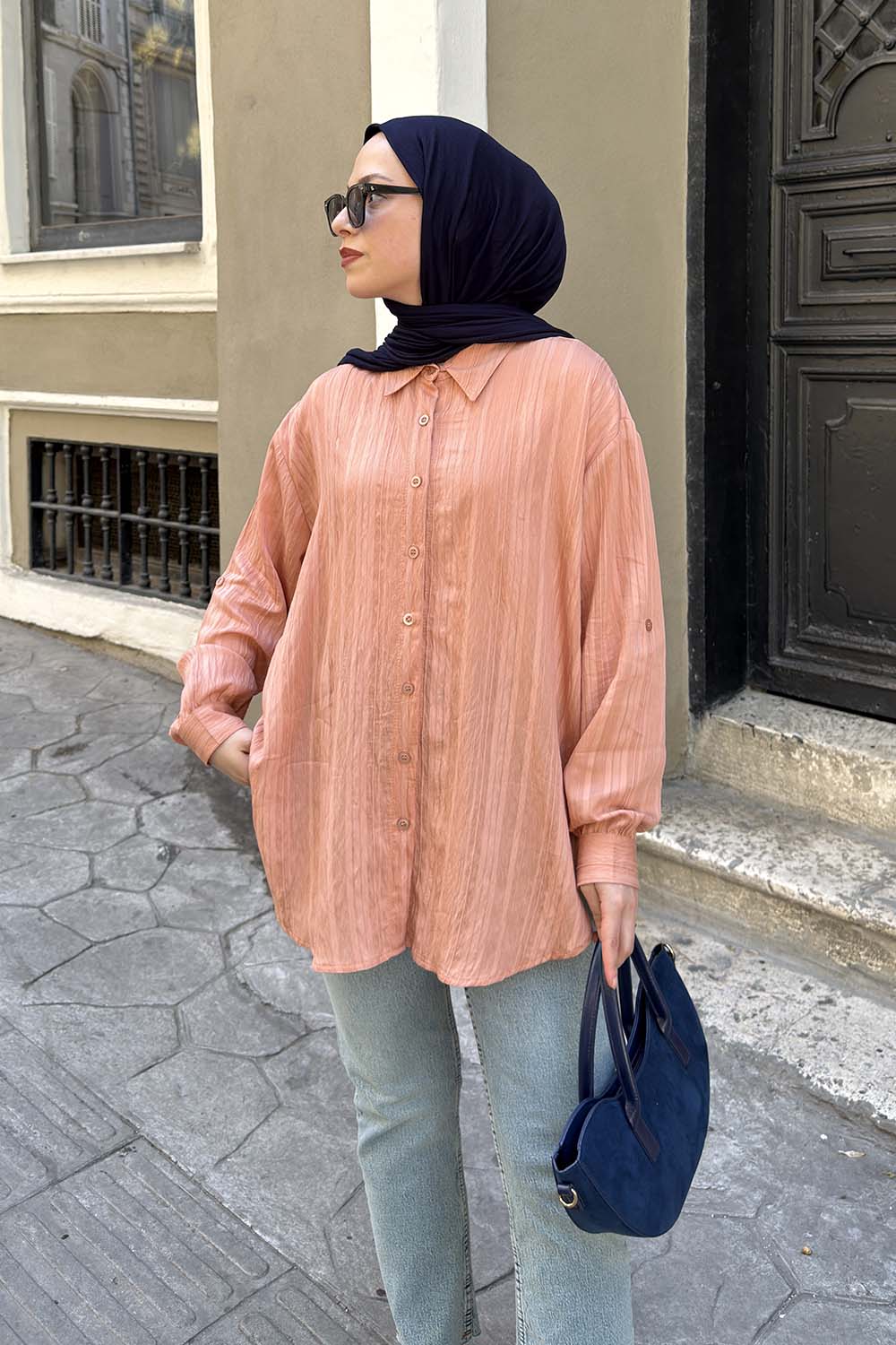 Lamelif Kol Katlamalı Çizgili Gömlek Somon