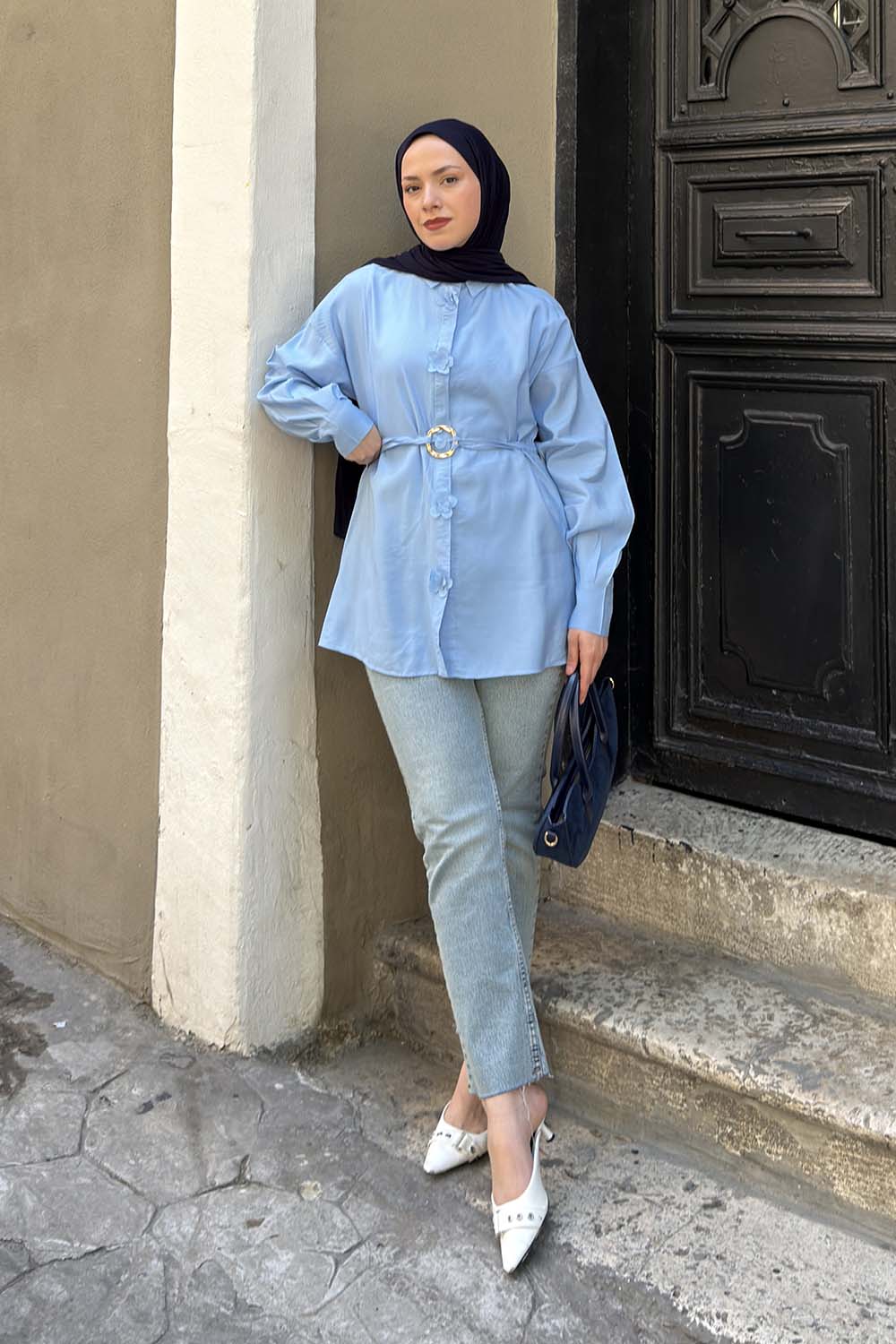 Lamelif Ön Çiçek Detaylı Bağlamalı Gömlek Bebe Mavisi