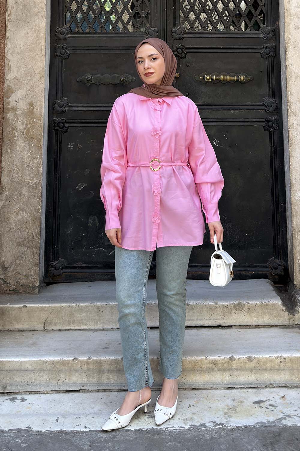 Pink Shirt Collar Long Arm Cotton Shirt