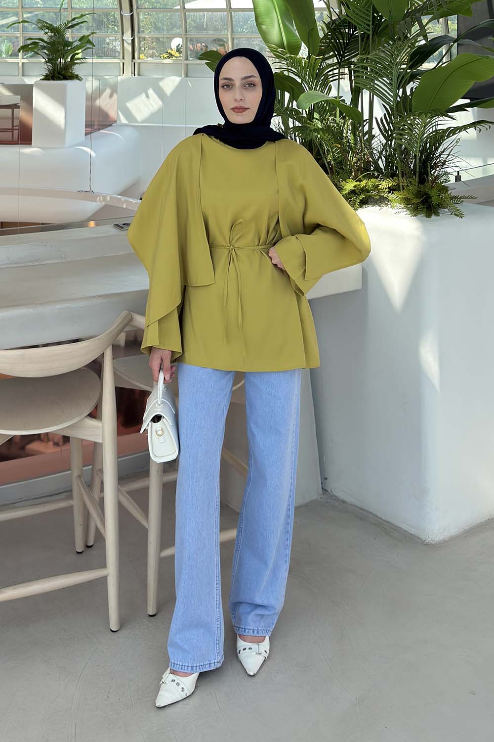 Lamelif Pelerin Detaylı Oversize Tunik Yağ Yeşili