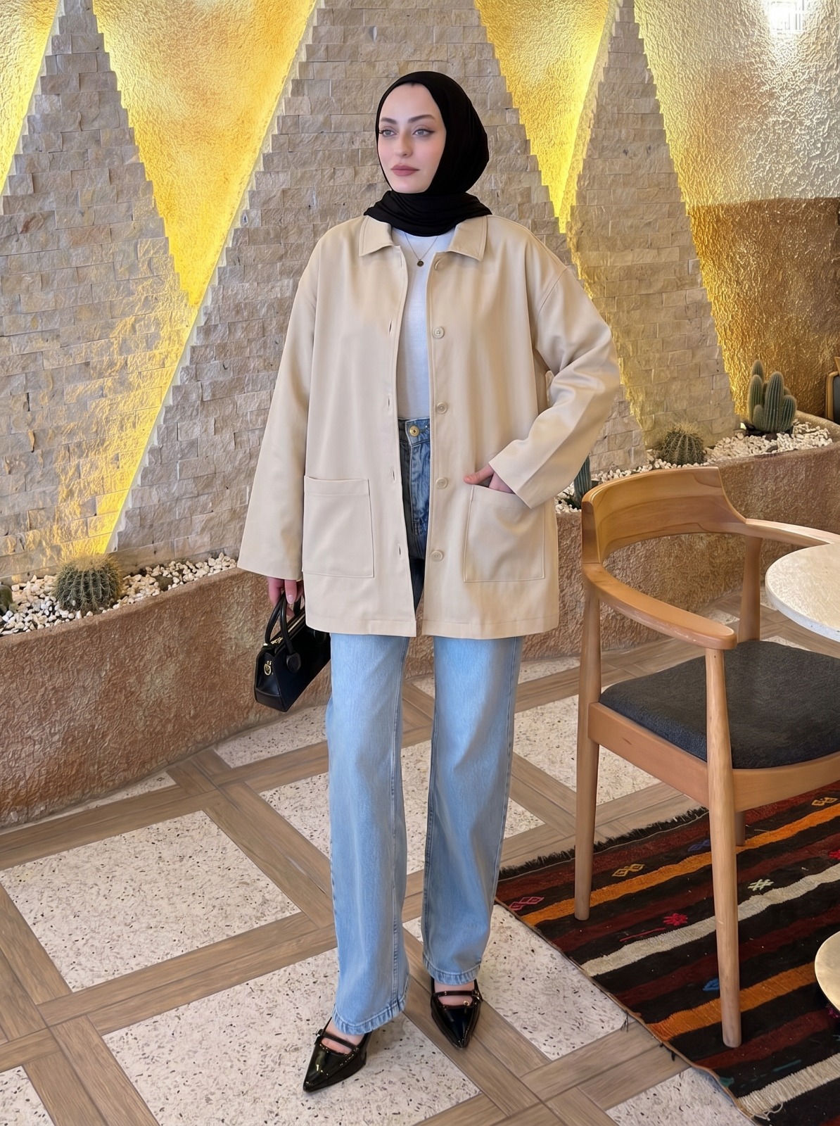 Lamelif Metal Düğme Kapama Oversize Ceket Bej