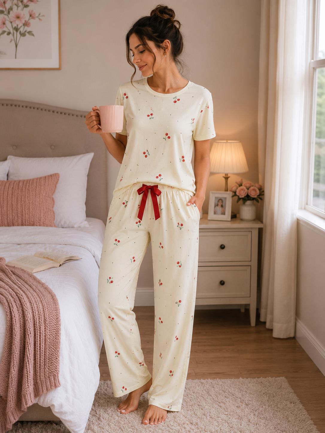 Lamelif Kadın Kiraz Desenli  Cares Kumaş Pijama Takımı
