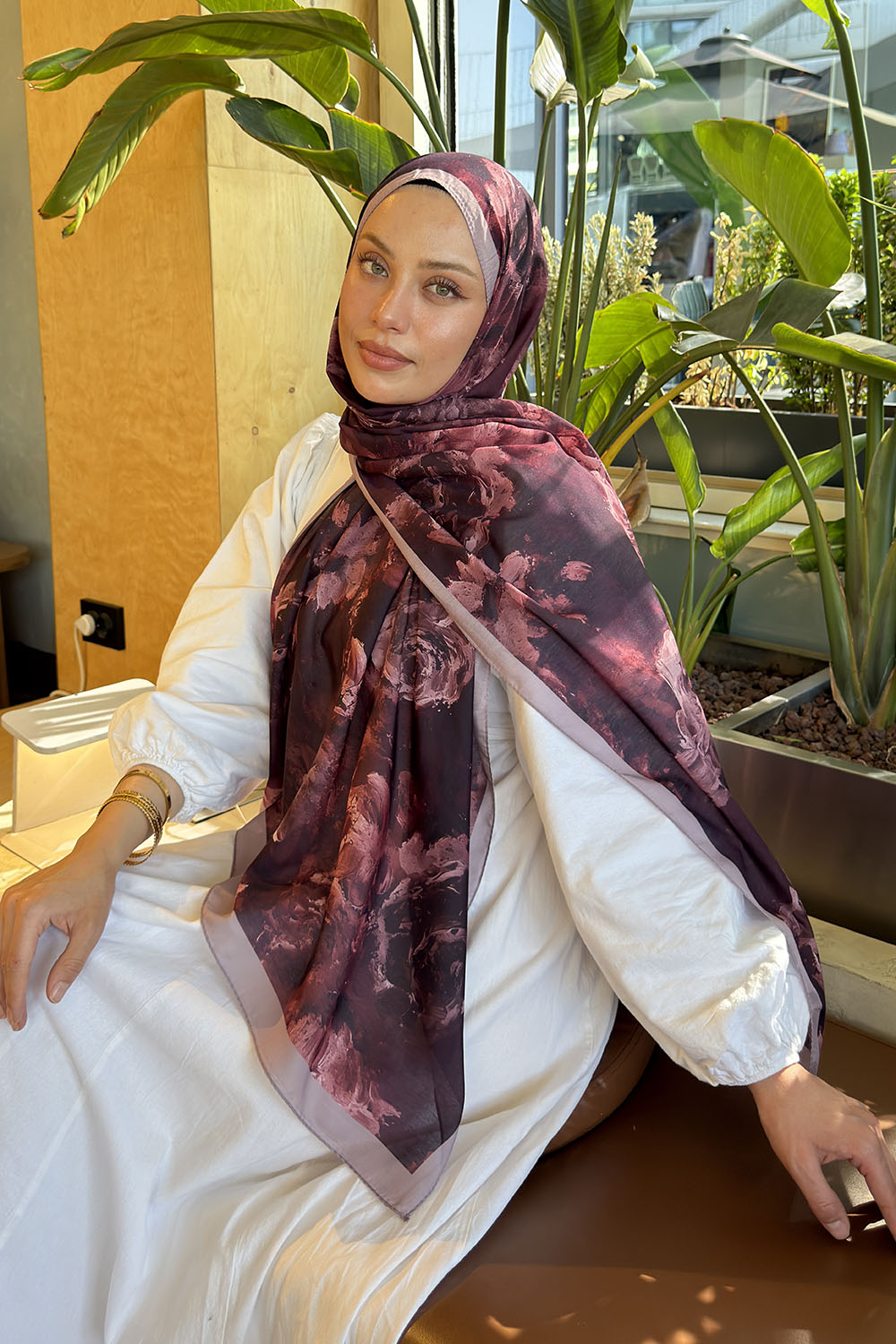 Lamelif Gül Çiçek Desen Lara Soft Şal Koyu Bordo