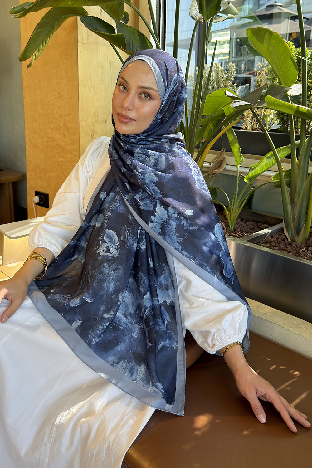 Navy Blue Cotton Cotton Fabric Striped Flowering Printed Shawl