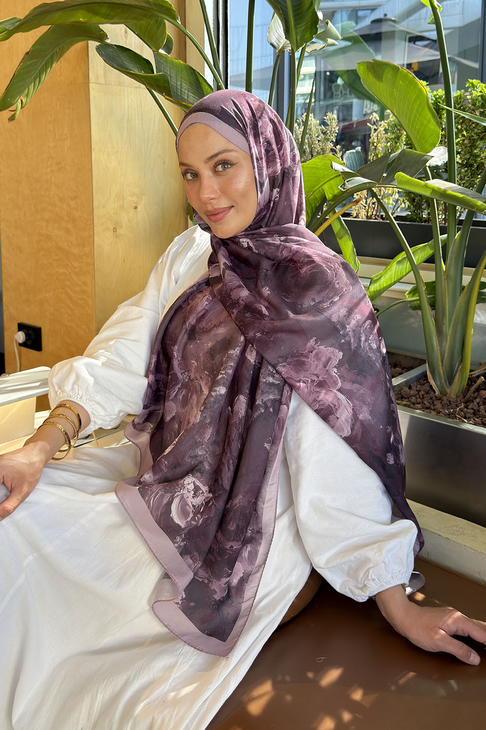 Lamelif Gül Çiçek Desen Lara Soft Şal Mürdüm