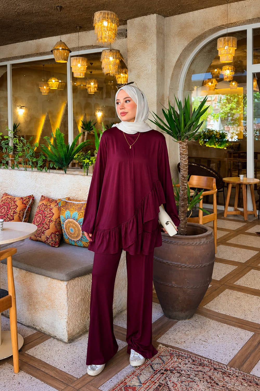 Lamelif Asimetrik Fırfır Detaylı Pantolonlu Takım Bordo