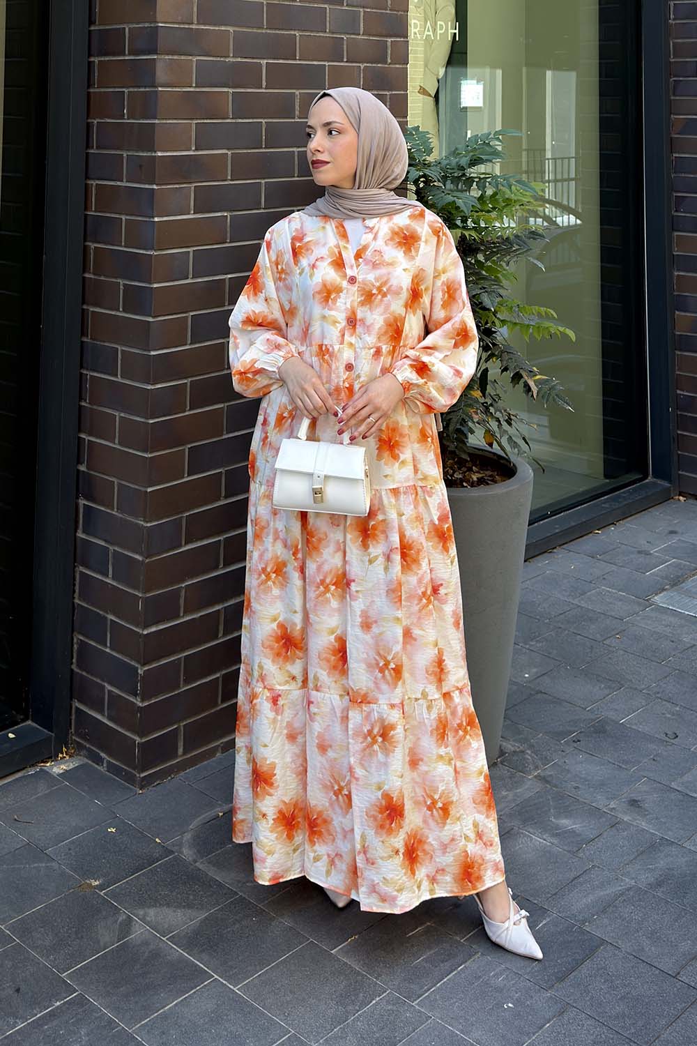 Orange Mandarin Collar Cotton Dresess