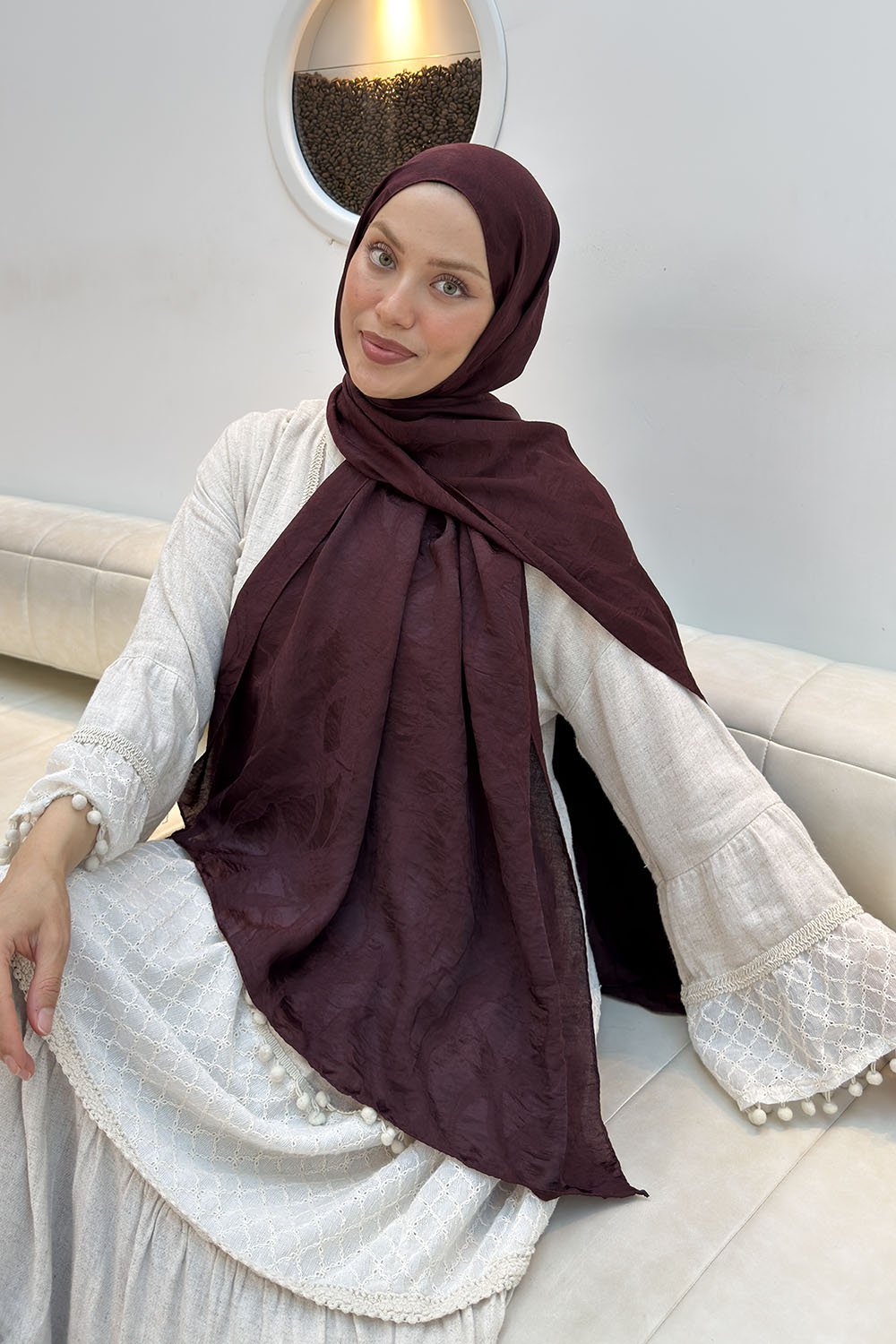 Lamelif Ağaçdalı Desen Ayrobin Floş Jakar  Şal Koyu Bordo