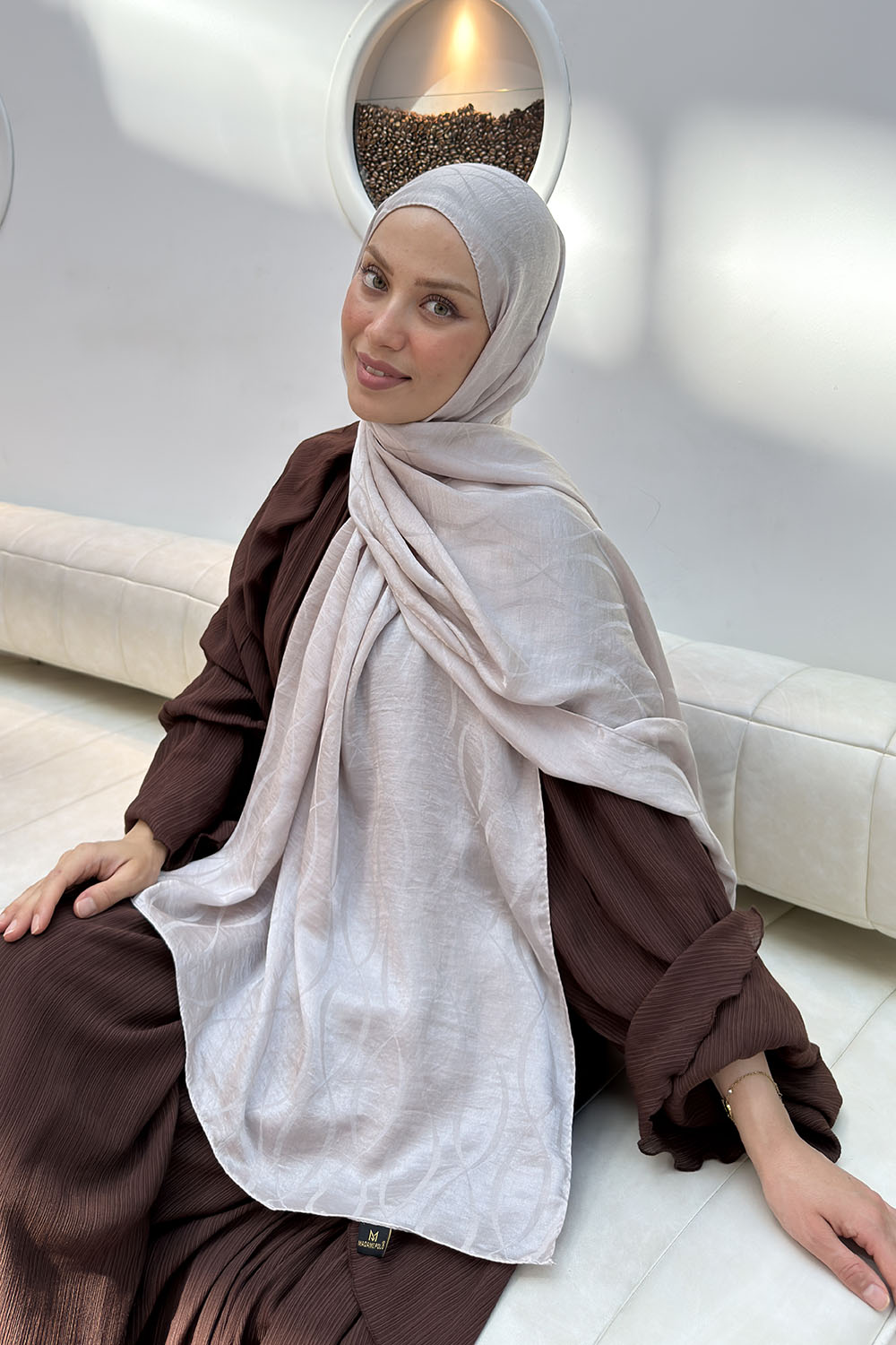 Lamelif Kapadokya Desen Ayrobin Floş Jakar  Şal Vizon