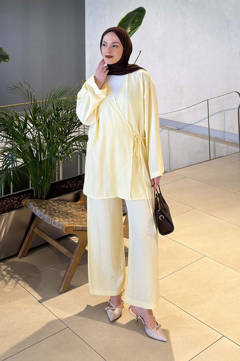 Lamelif Kimono-Pantolon Takım Sarı