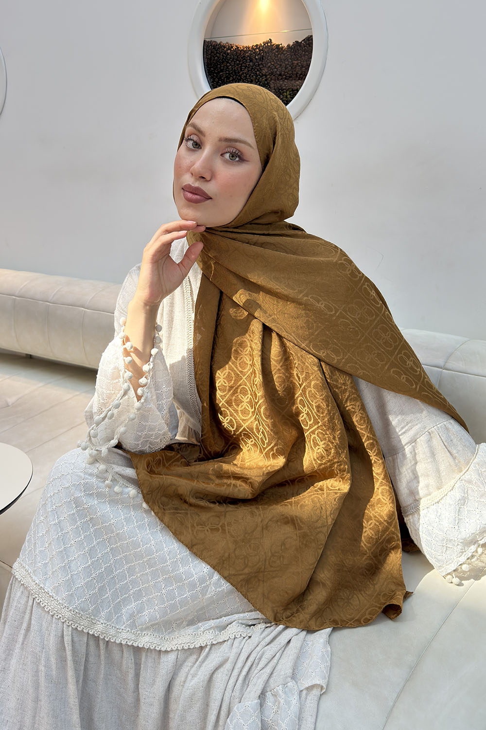 Lamelif Zincir Halka Desen Ayrobin Floş Jakar  Şal Camel