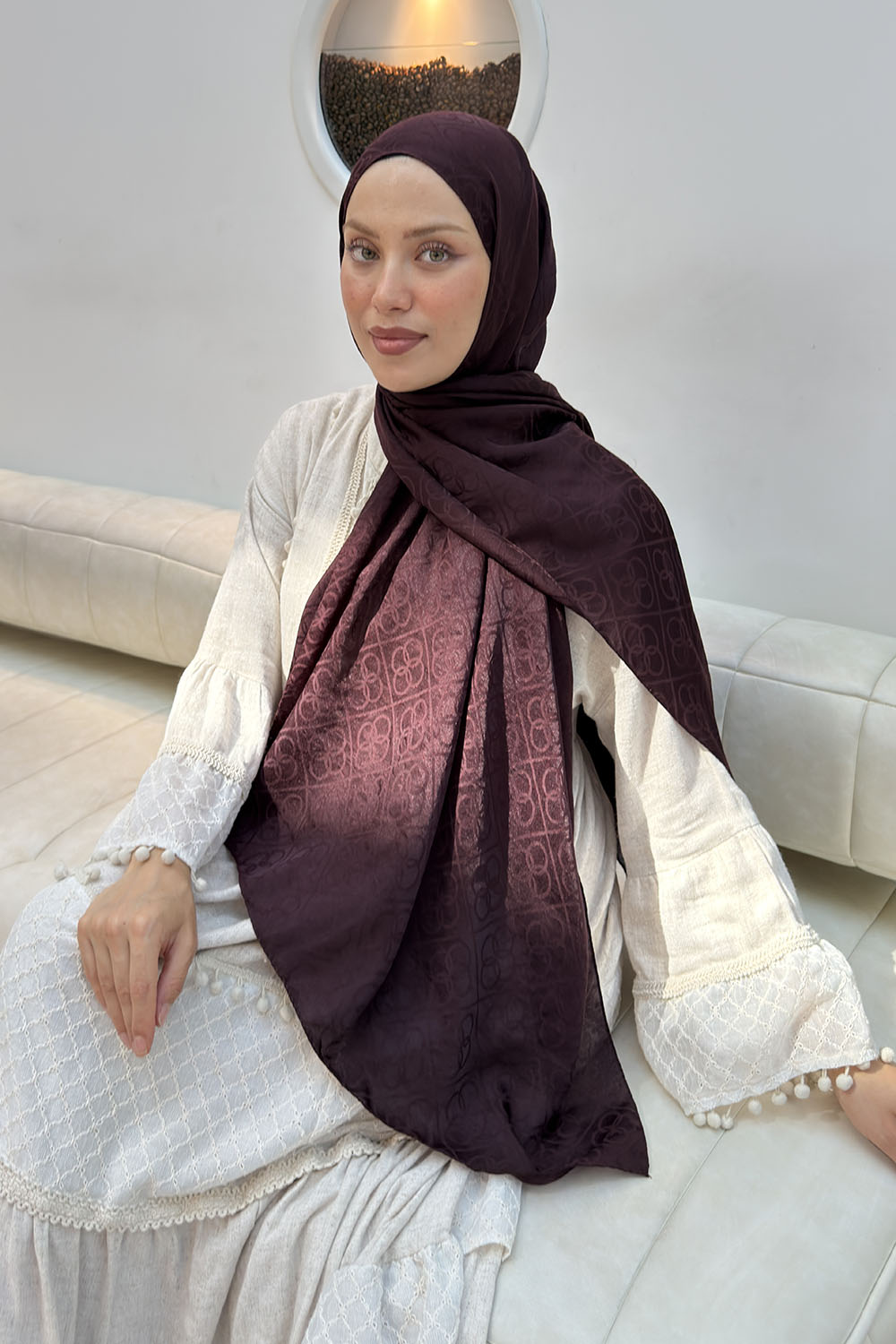 Lamelif Zincir Halka Desen Ayrobin Floş Jakar  Şal Koyu Bordo