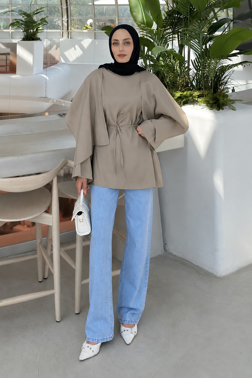 Lamelif Pelerin Detaylı Oversize Tunik Soft Kahve