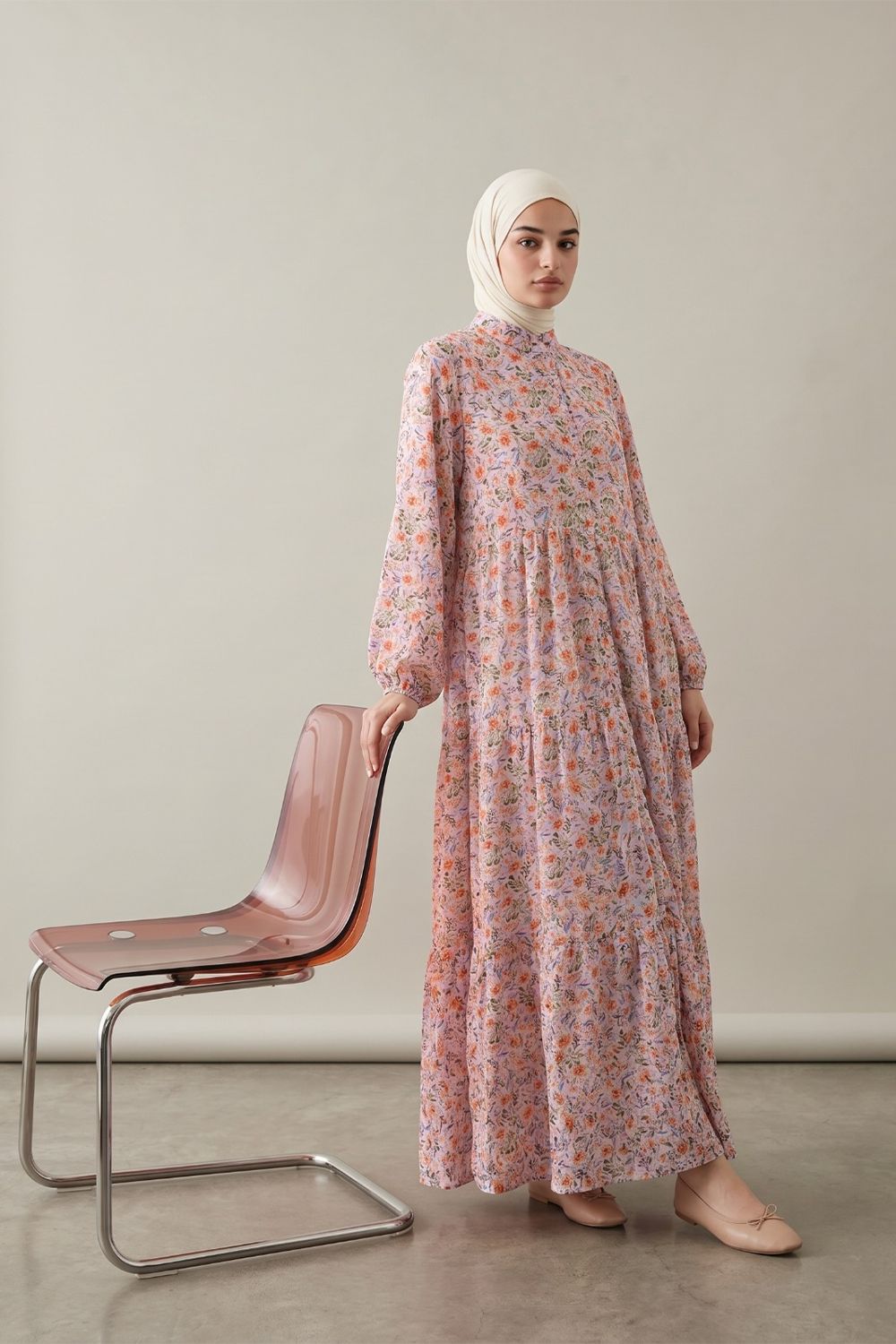 Pink Mandarin Collar Cotton Dresess