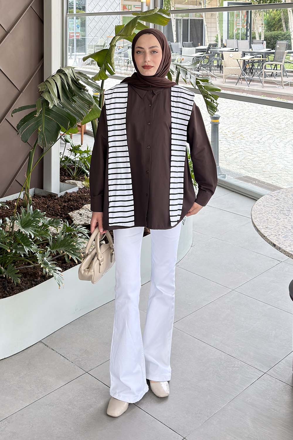 Bitter Brown Shirt Collar Long Arm Polyester Cotton Fabric Shirt