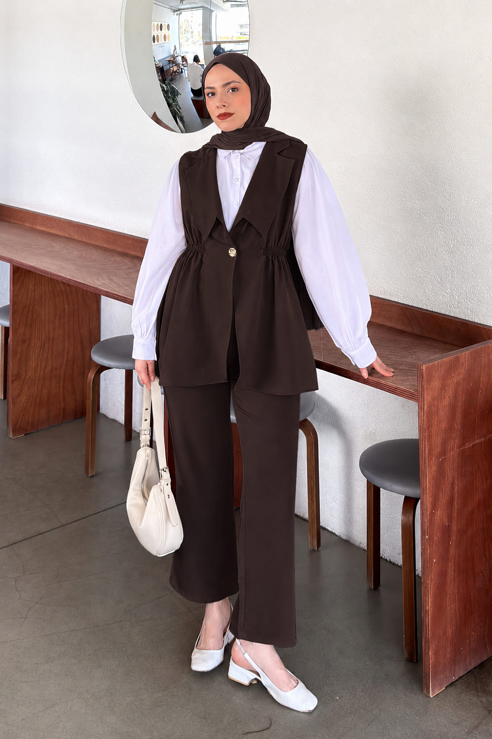 Lamelif Blazer Kesim Yelekli Takım Acı Kahve