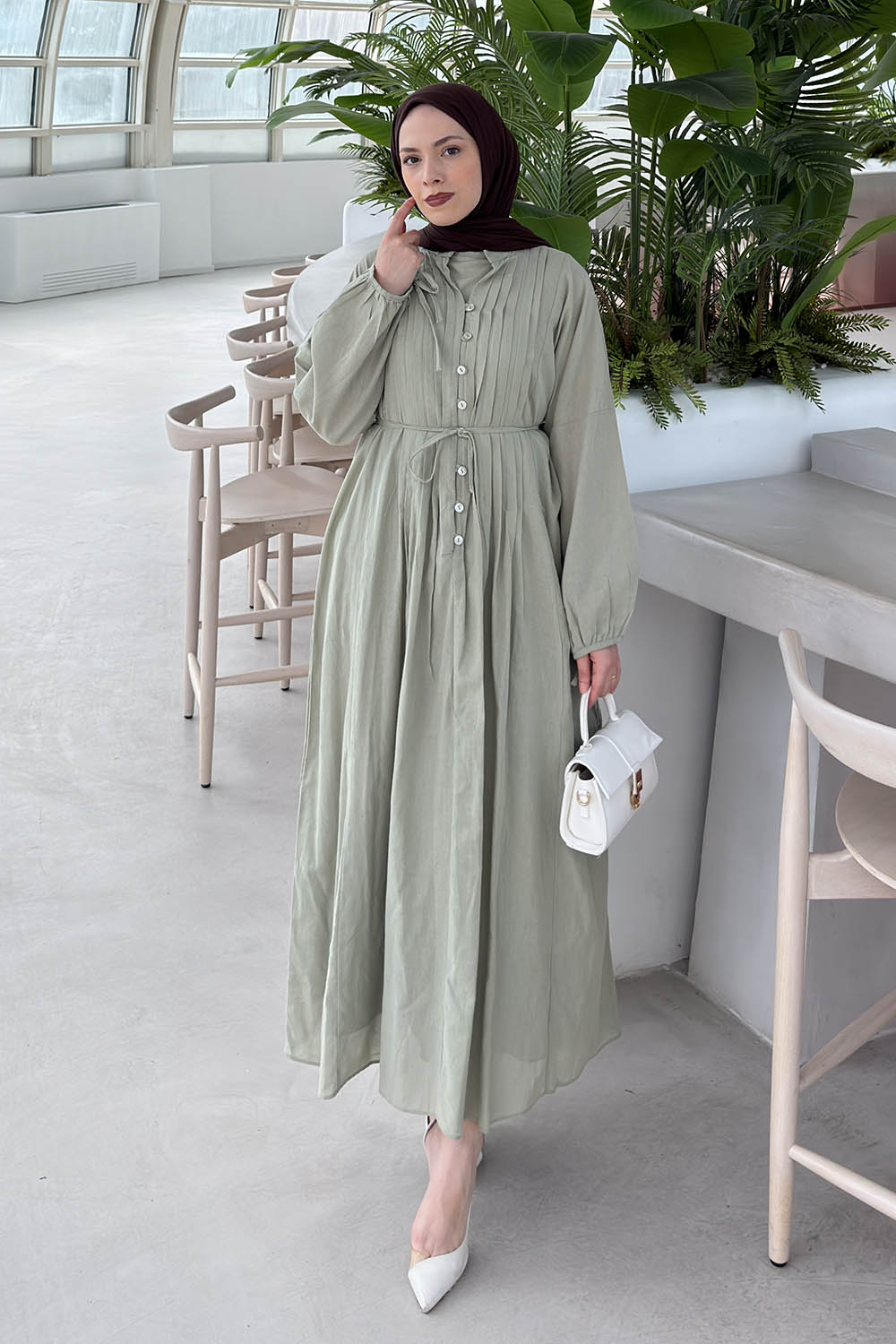 Plum Green Mandarin Collar Linen Viscose Fabric Unprinted Dresess