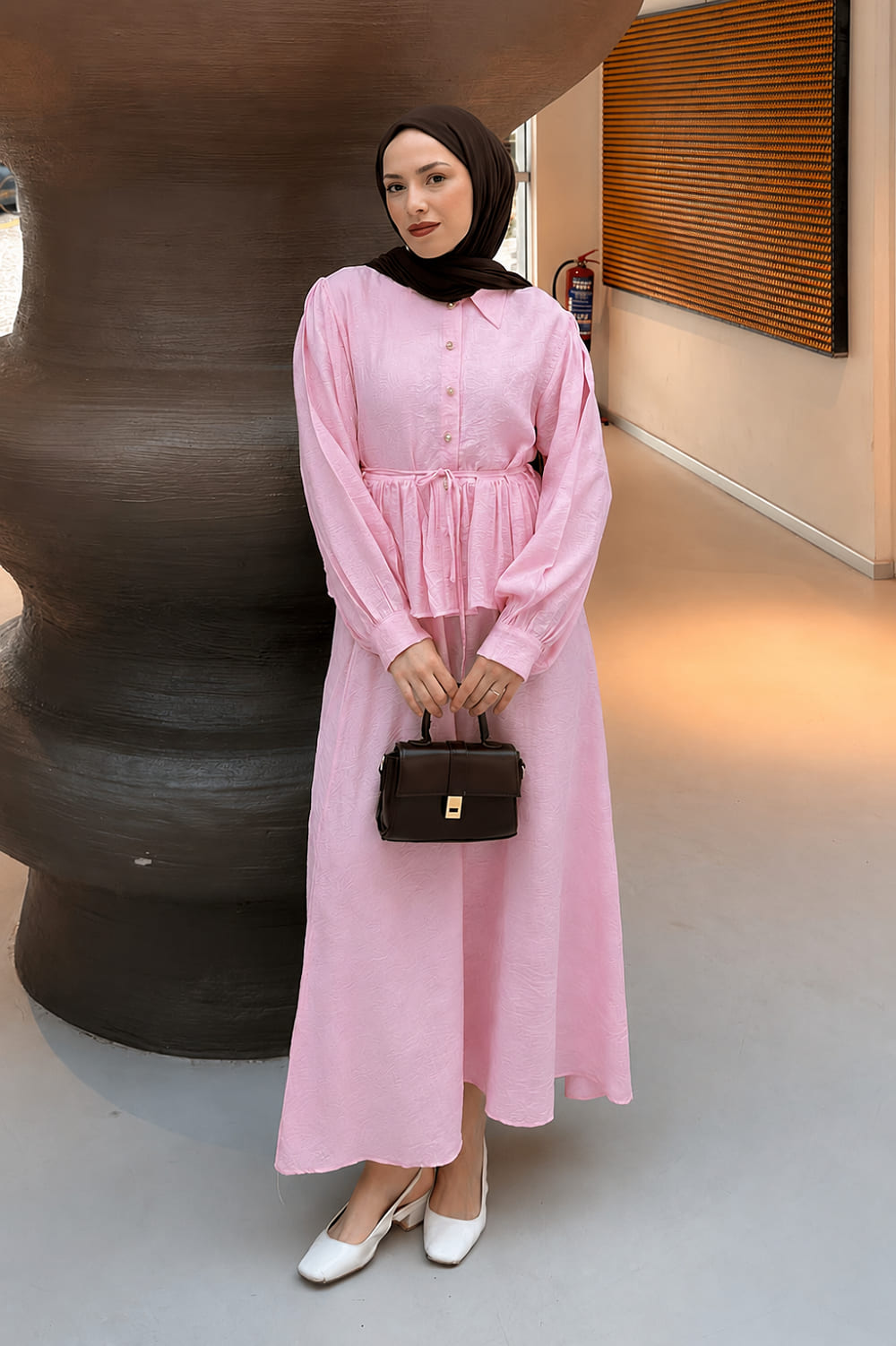 Lamelif Taş Düğmeli Desenli Etekli Takım Pembe