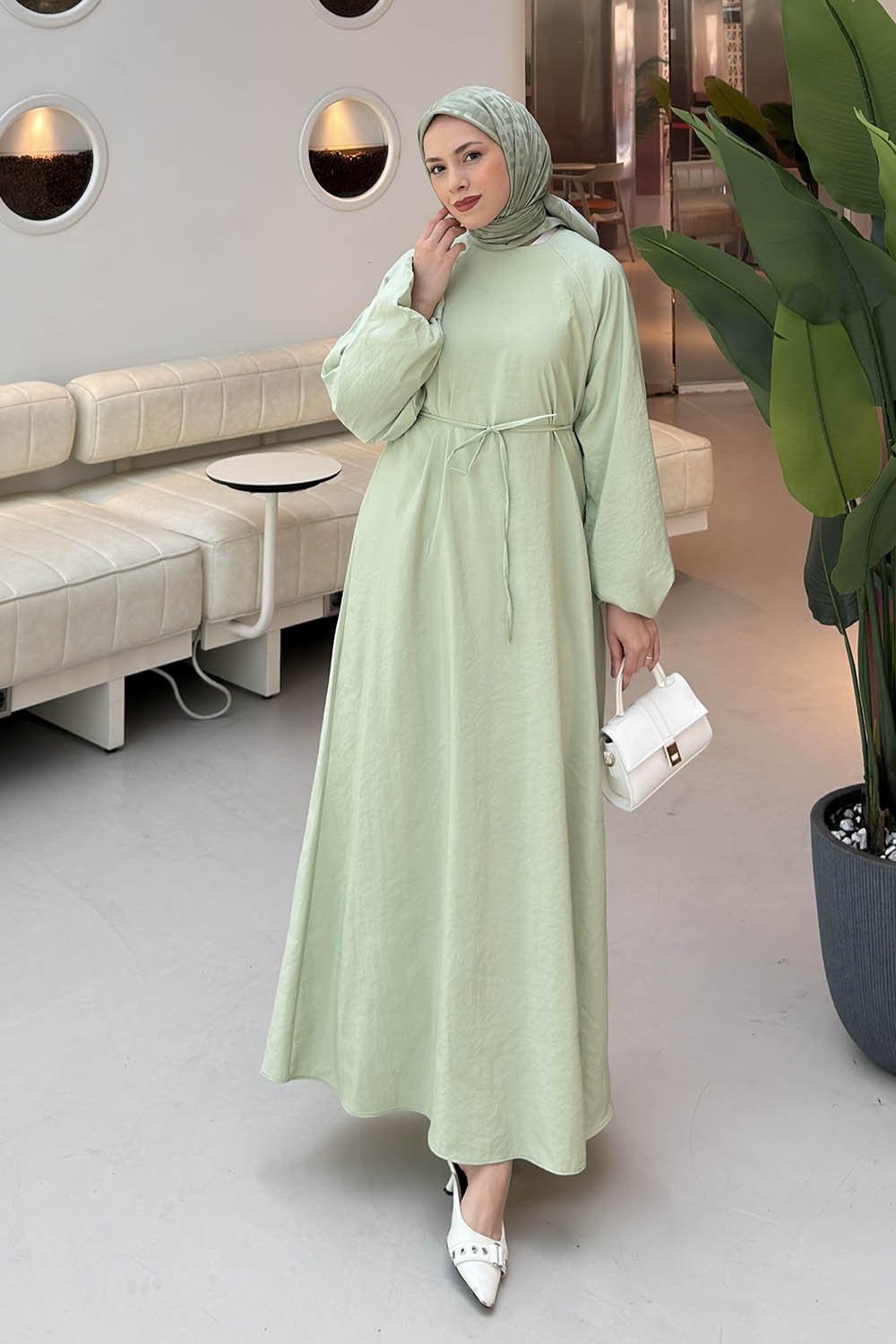 Lamelif Reglan Kol Detaylı Bağlamalı Elbise Mint Yeşili