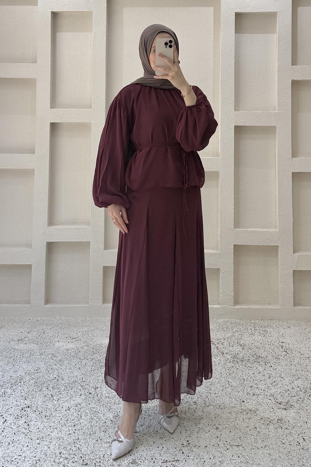 Lamelif Fularlı Bağlama Detaylı Etekli Takım Bordo