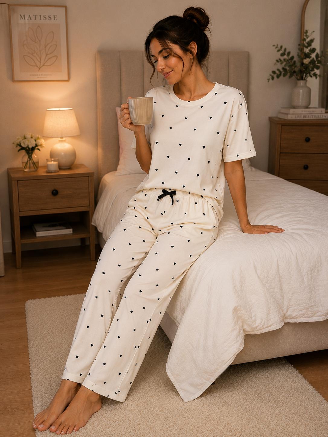 Lamelif Kadın Kalp Desen Milan Pijama Kumaş