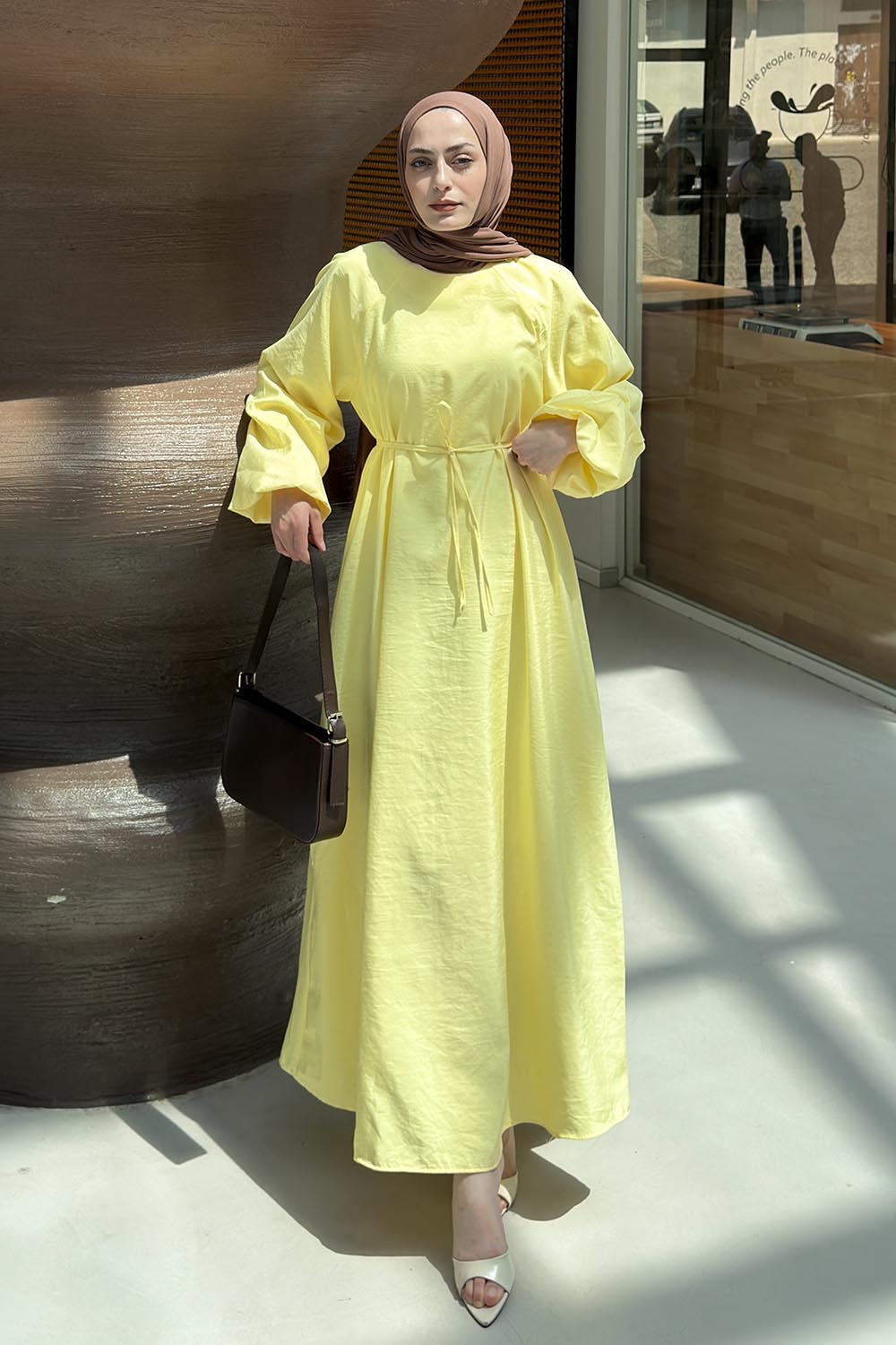 Lamelif Reglan Kol Detaylı Bağlamalı Elbise Sarı