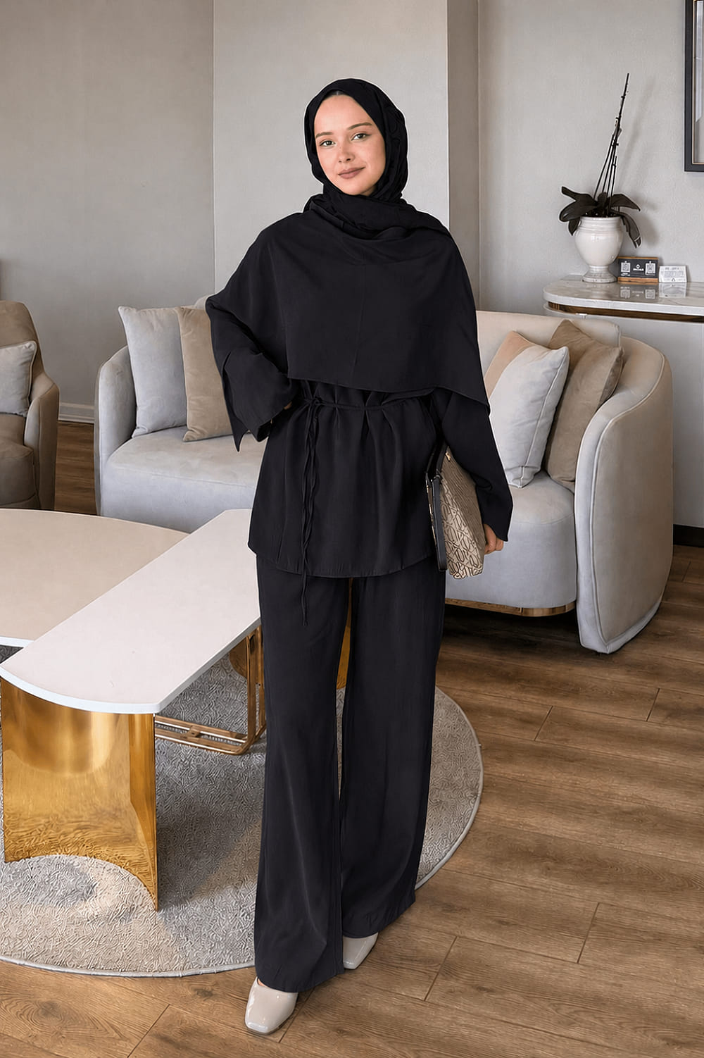 Lamelif Şallı Pantolon Takım Siyah