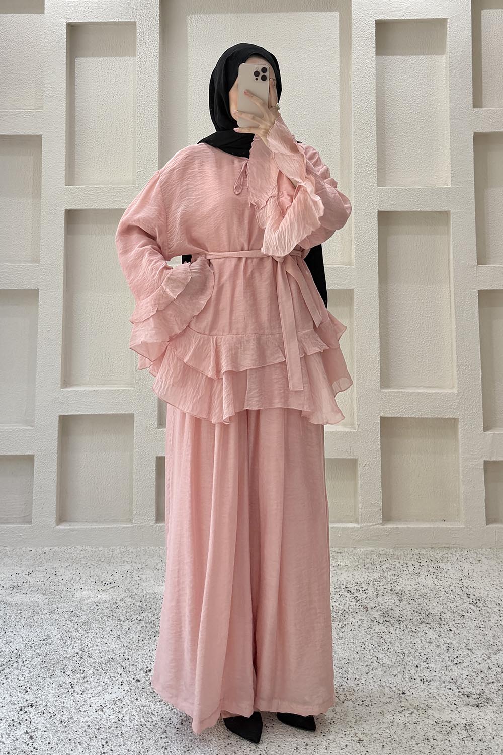 Pink Crew Neck Long Arm Cotton Flared Skirt Suit