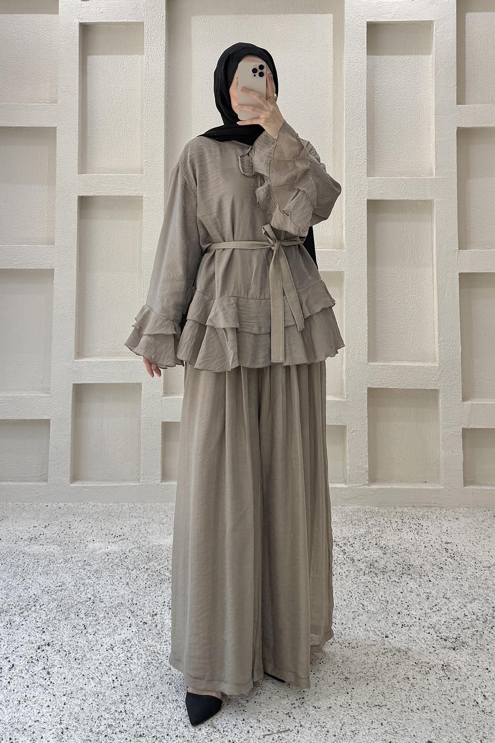 Mink Crew Neck Long Arm Cotton Flared Skirt Suit