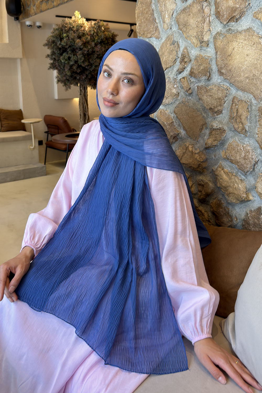 Lamelif  Müslin Krinkıl Şal İndigo
