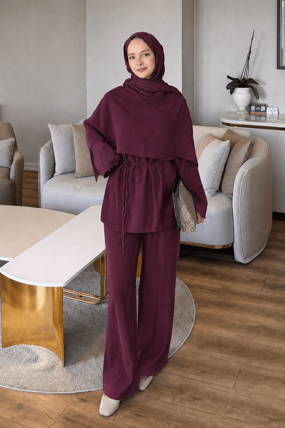 Lamelif Şallı Pantolon Takım Bordo