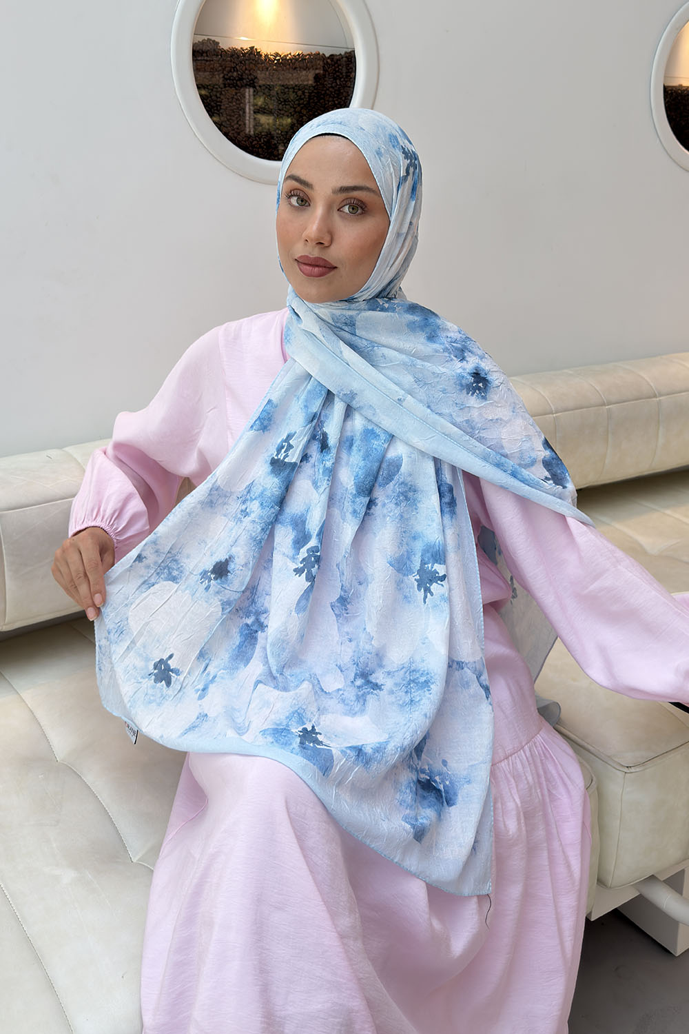 Lamelif Batik Çiçek Desen Bambu Şal Bebe Mavisi