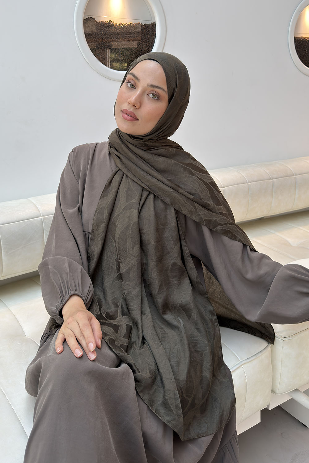 Lamelif Ağaçdalı Desen Ayrobin Floş Jakar  Şal Koyu Yeşil
